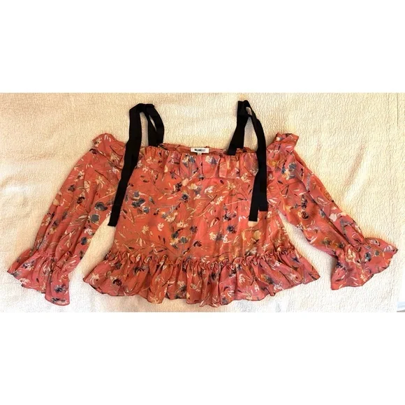 William Rast Pink Ruffle Cold Shoulder Top Fabiana Lobster Bisque Medium NWT. - Picture 4 of 7